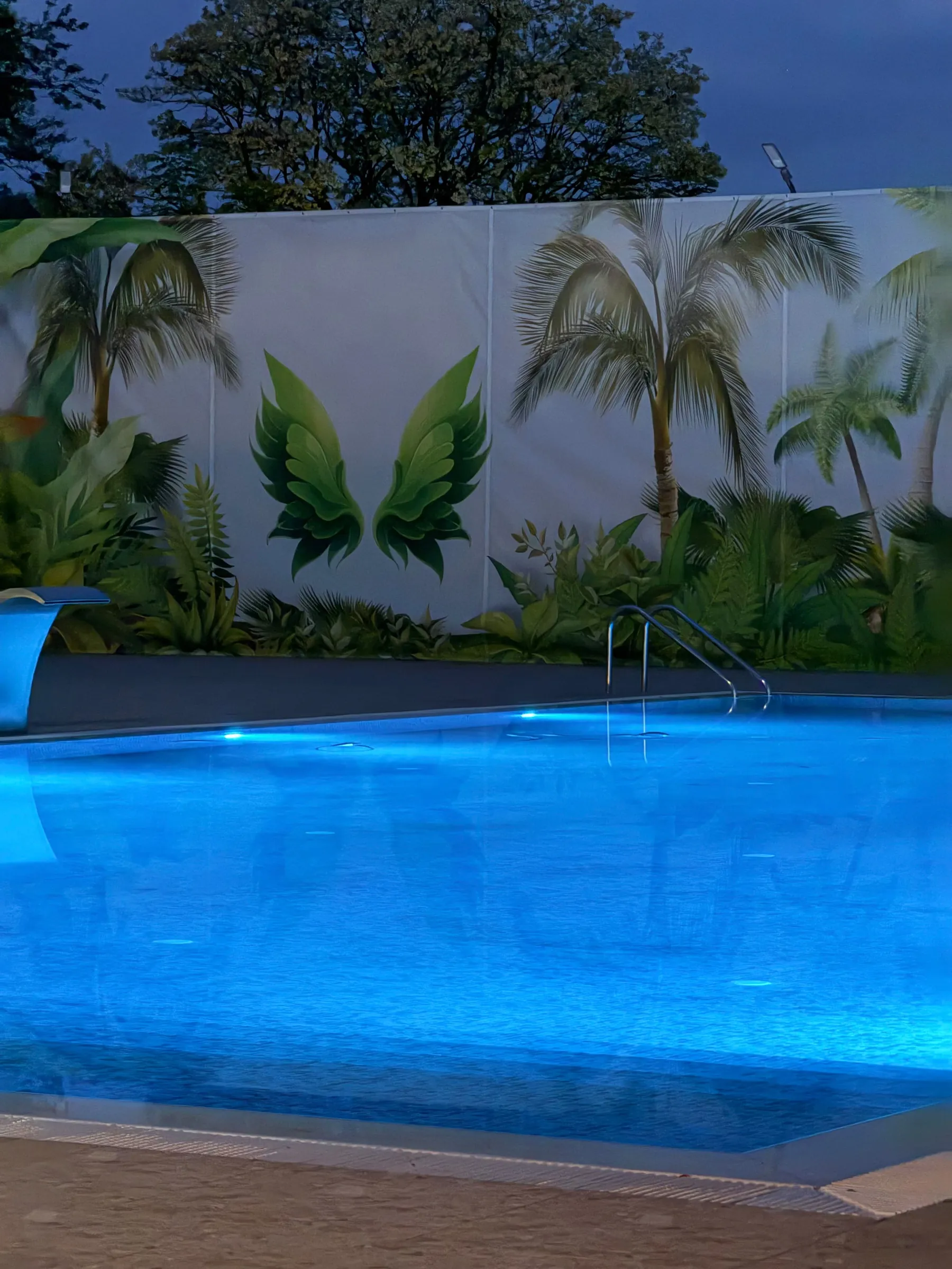 Piscina iluminată albastru seara pentru petrecere privată, Tema Pool